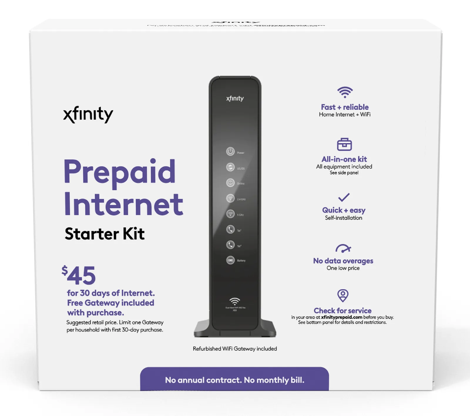 Caja del kit de inicio de Xfinity Prepaid Internet con el módem Wi-Fi que incluye