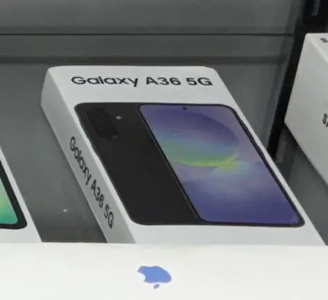Samsung Galaxy A36 5G box in the TIC Wireless display case