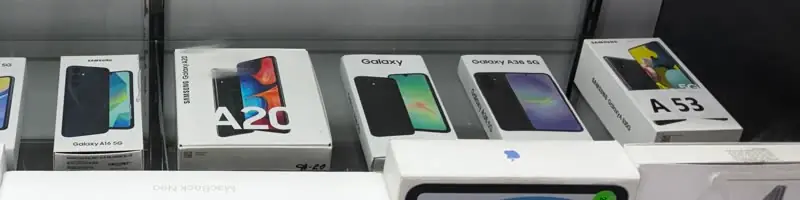 Samsung Galaxy A-series boxes in the TIC Wireless display case