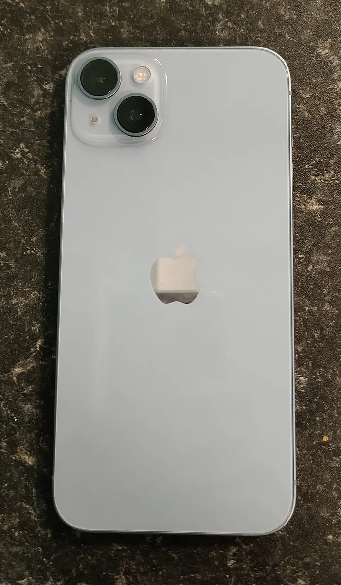 Back of a blue iPhone 14 Plus