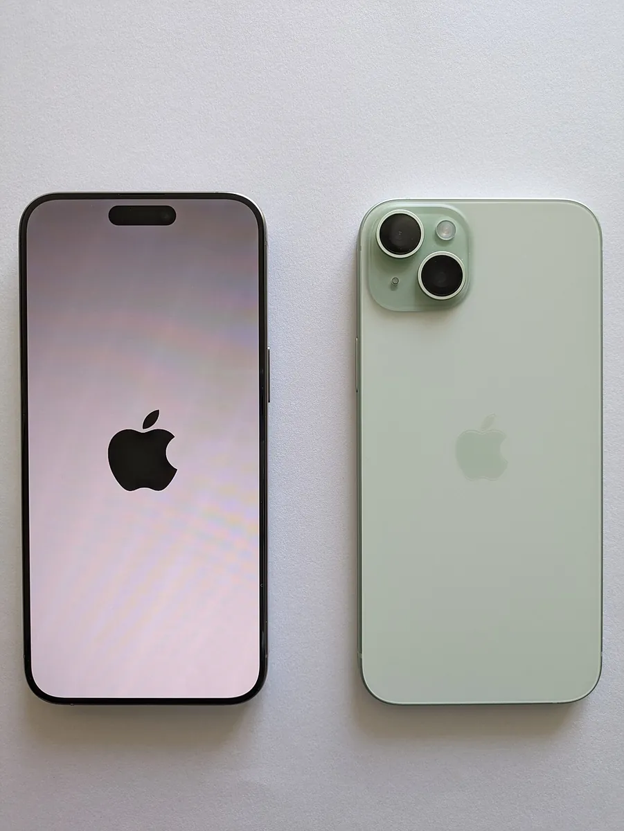iPhone 15 Plus in green, front and back